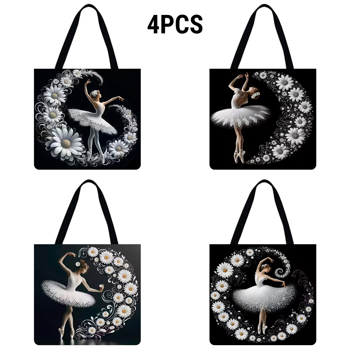 4pcs Dancing Girl Large Capacity Linen Tote Bag