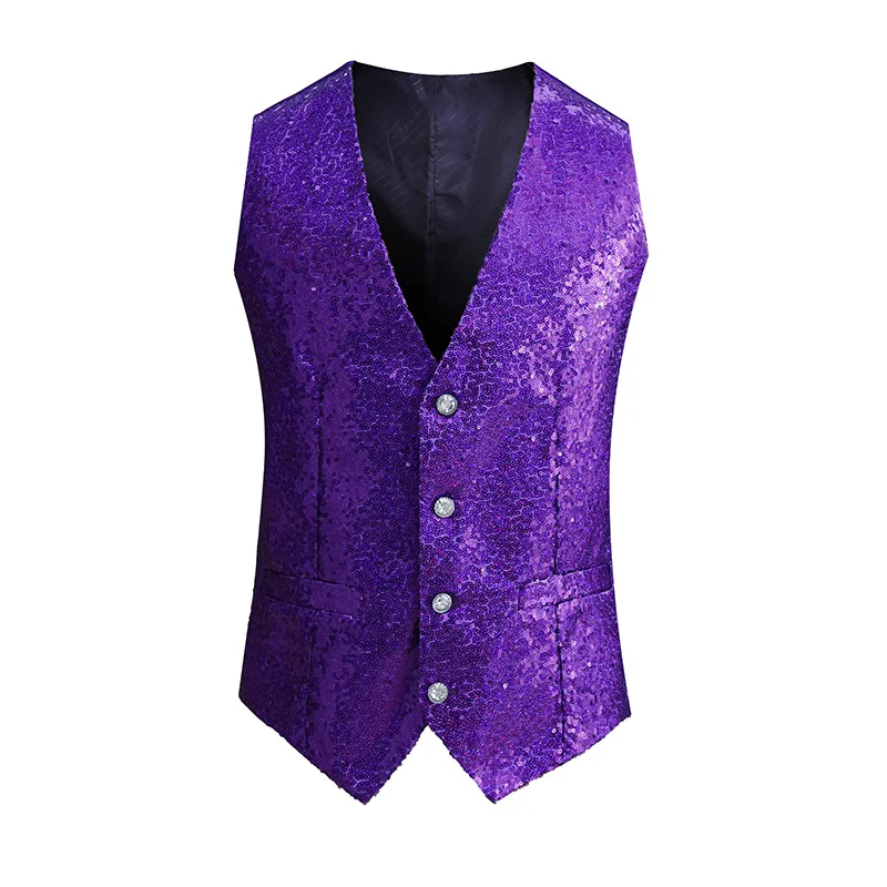 Red Shiny Sequins Single Breasted Sleeveless Vest Men\'s V-Neck Waistcoat Gold Black White Blue Purple Available M L XL XXL XXXL