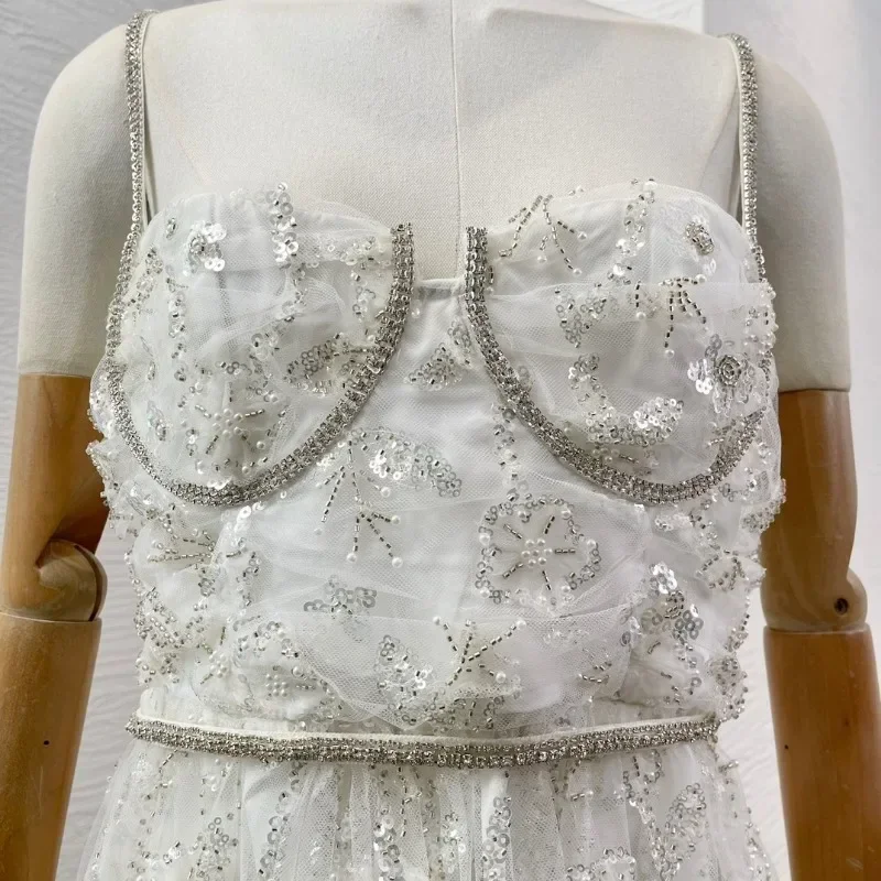 Minivestido plisado de encaje con bordado blanco para mujer, vestido Sexy de alta calidad, con lentejuelas, 2024