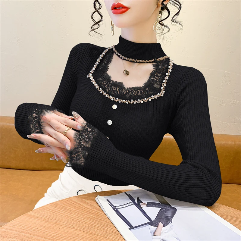 Maglione lavorato a maglia da donna pesante con giunture in pizzo rosa V-Ne Appeso Ne Design Autunno Inverno Nuovo Sle Faionable Base irt