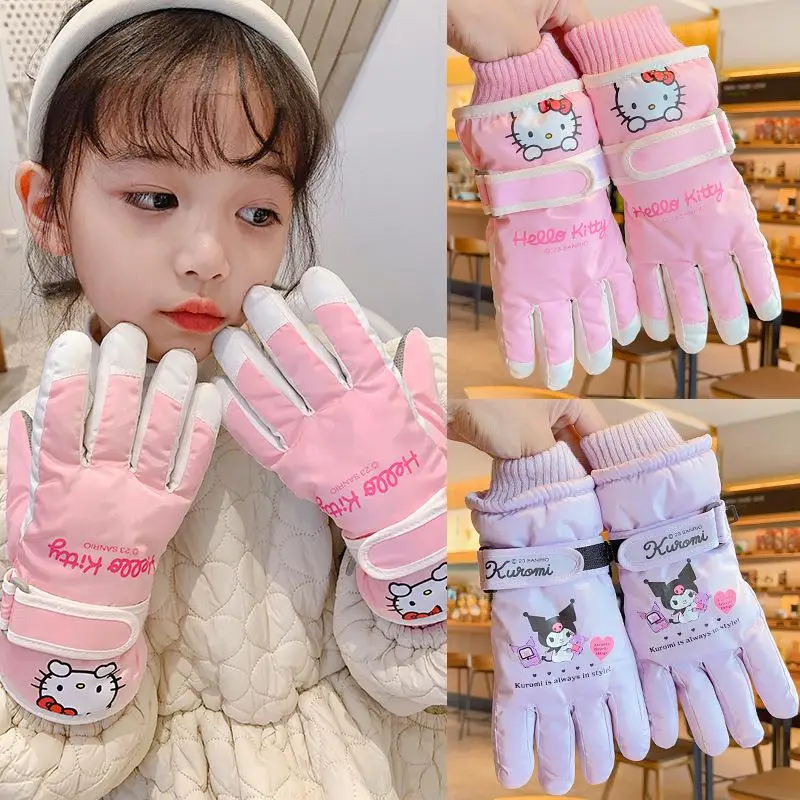 Sanrios Plus Velvet Water Proof Thermal Gloves Child Kawaii Hello Kitty Cartoon Winter Ski Riding Protection From Cold Gloves