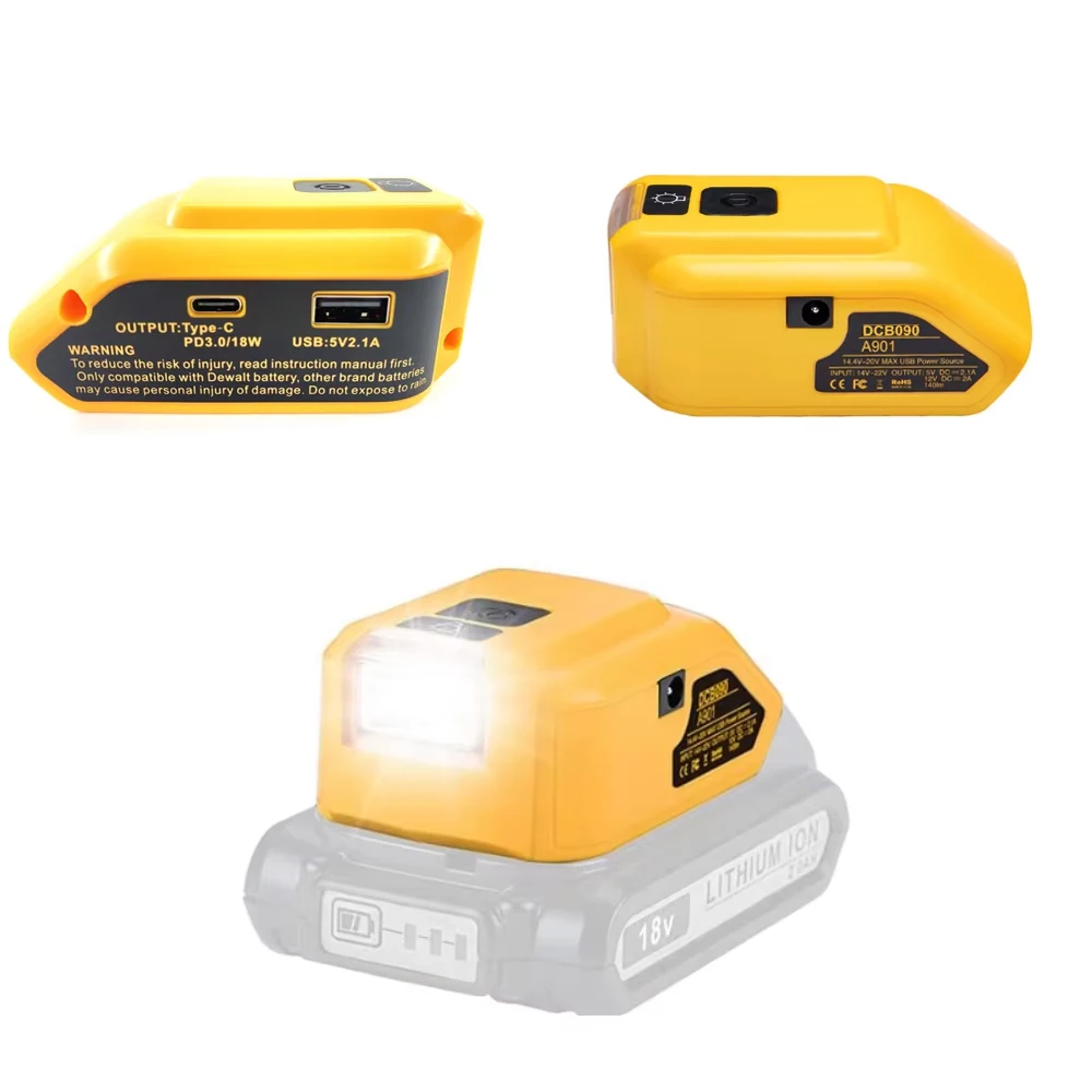 

Upgrade Replacement DCB090 Power Source For Dewalt 20v Max 18V Battery Adapter with Dual USB DC 12V LED Work Light With Type-C