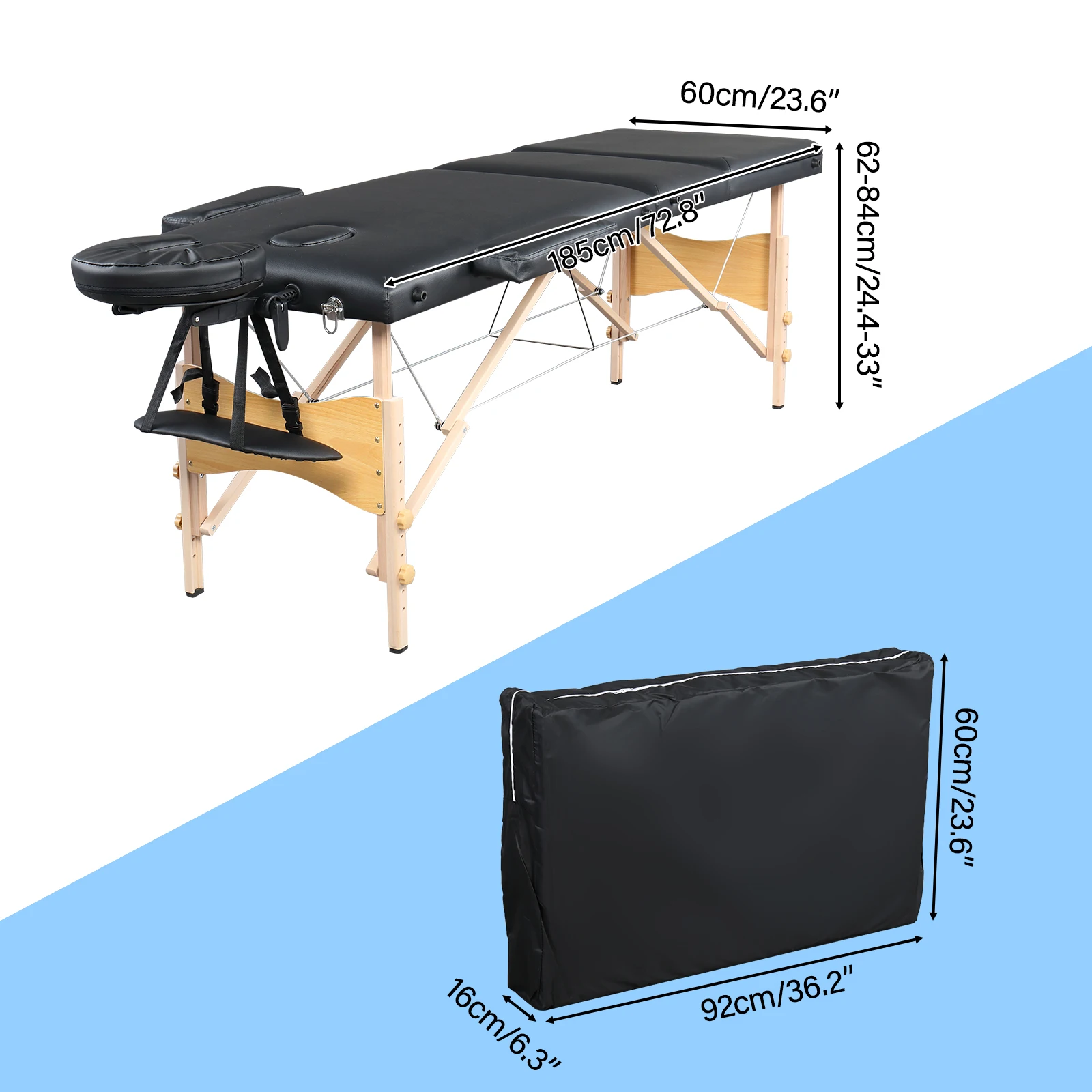 84 Inch 3 Sections Folding Portable Massage Table Beech Leg Beauty 60CM Wide Adjustable Height Massage Bed Black[US-Stock]