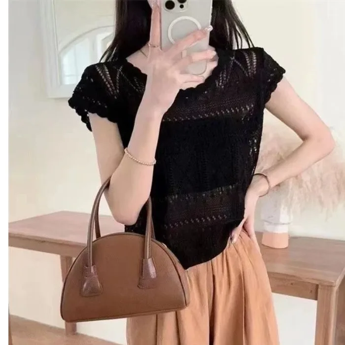 

Summer Women's Loose Fit Short Sleeve Knitted Hollow out round Neck Top Gentle Style Chinese Brandless Fashion Basic Style