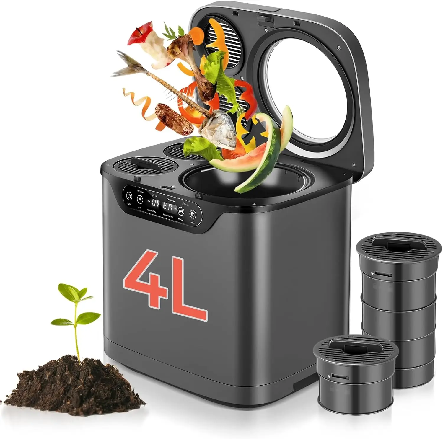 4L Electric Kitchen Composter with LED Display, Auto-Clean, Odorless and Low Noise for Indoor Use