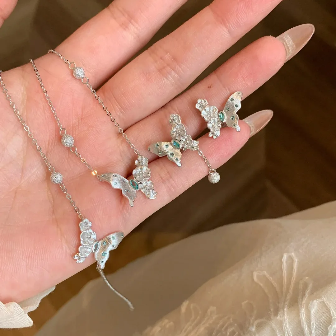 

Butterfly pendant necklace bracelet tassel stud earrings vintage jewely set for women