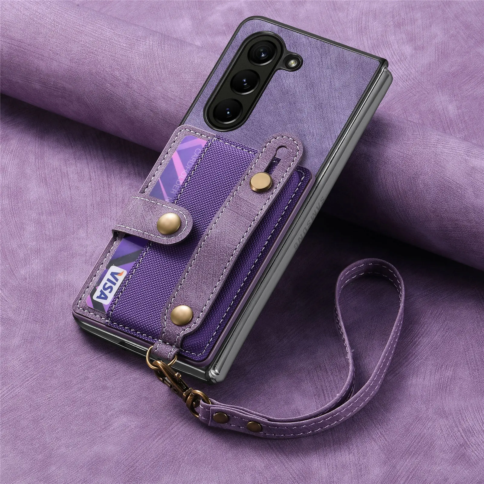 PU Leather Phone Case for Samsung Galaxy Z Fold 7 6 5 4 3 zfold7 zfold6 Card Storage Wallet Protective Cover with Lanyard XL003 view 3