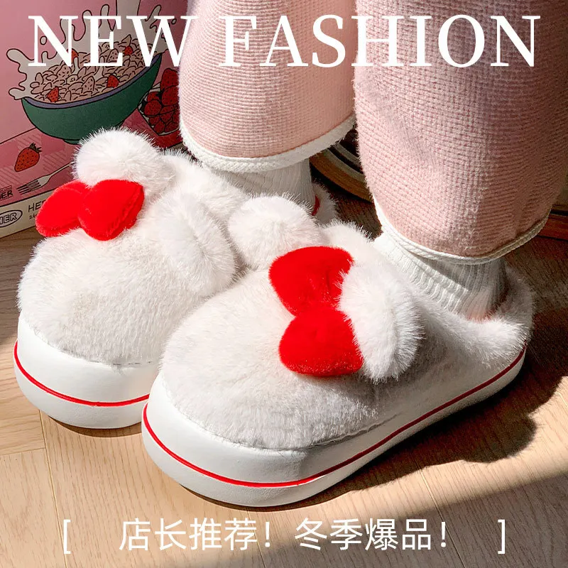 2024 New thick bottom plush cotton slippers soft and cozy fashion women wear cute bow indoor home warm velvet cotton shoes