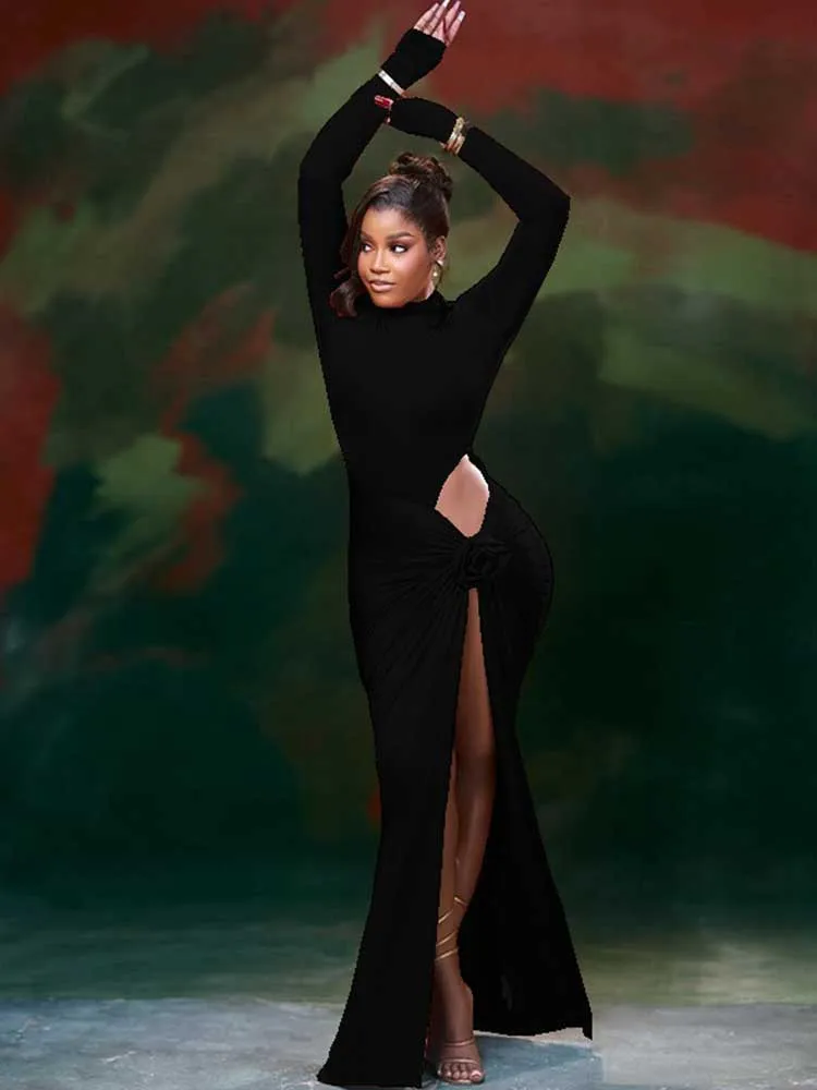 Vrouw lange mouw herfst kleding jurk mid-coltrui effen kleur elegante chique bodycon jurk uitgesneden taille sexy strakke jurk deel