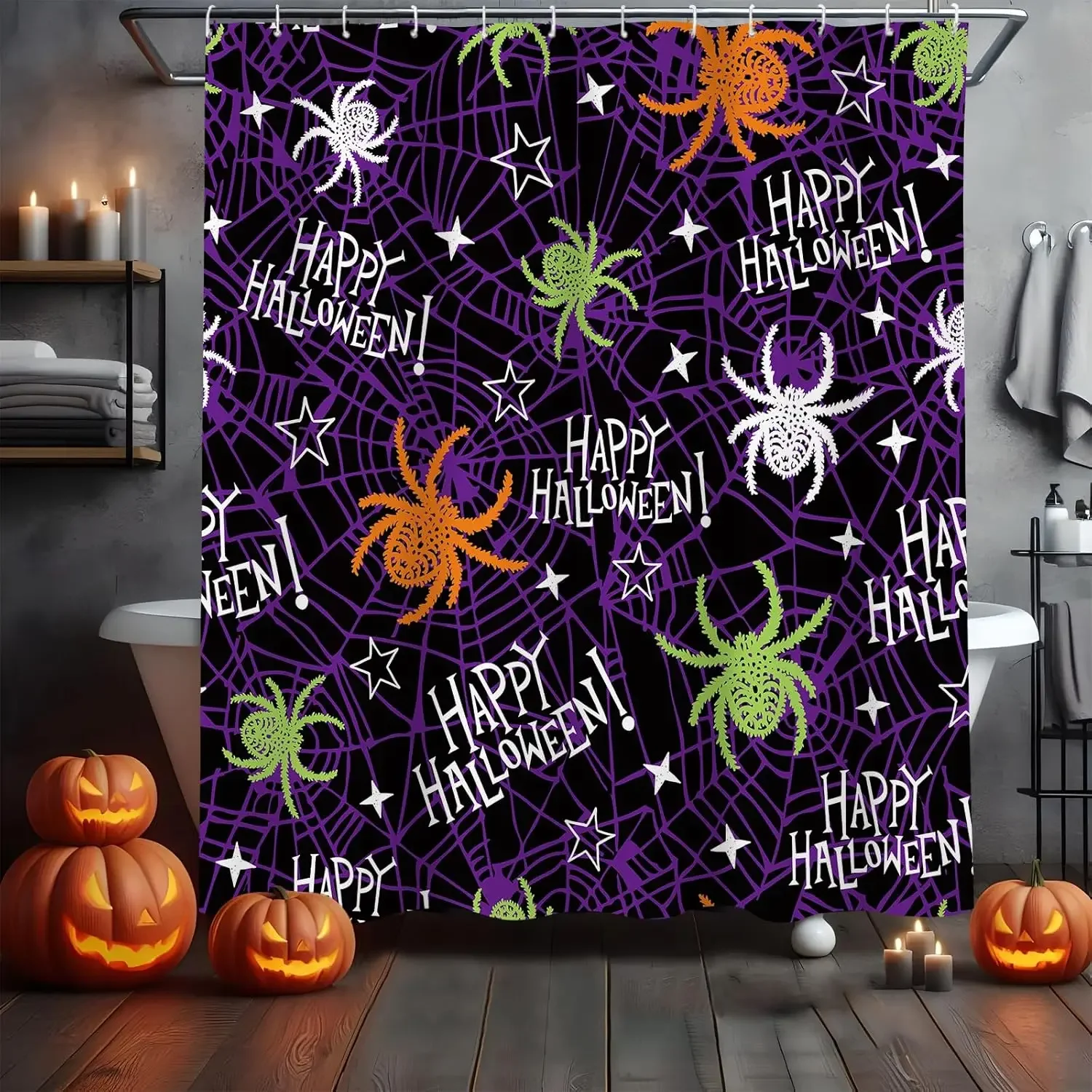 Halloween Shower Curtain Pumpkin Spooky Spider Bat Halloween Gift Bathtub Decoration Polyester Fabric Shower Curtains with Hooks