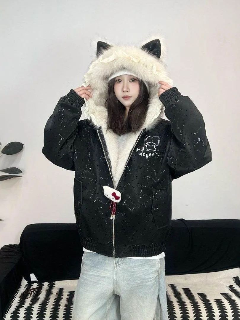 Thickened Fleece Winter New Year Red PU Leather Women's Coat with Hood Warm Cotton Jacket for Mother And Daughter Matching Ou...