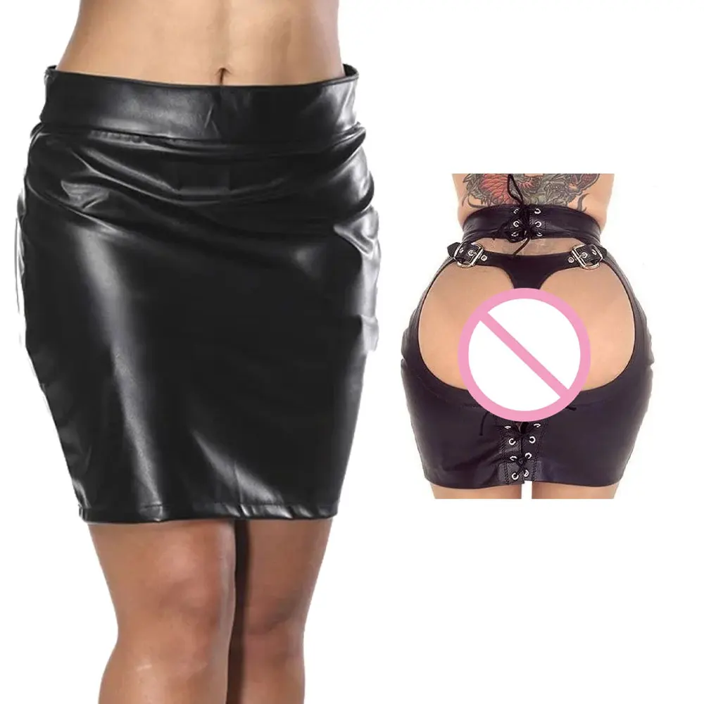 

Women Hot Sexy Women PU Faux Leather MINI Skirt with Thong Spanking Club DS Dance Bondage Erotic Lingerie Skirt Night Clubwear