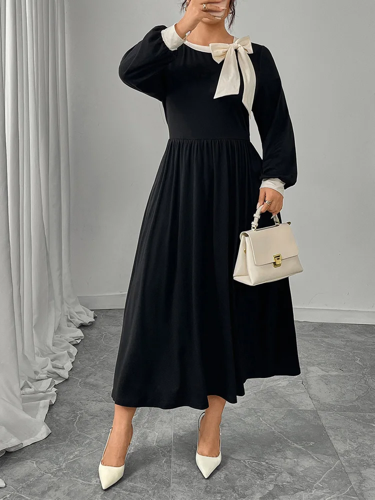 GIBSIE Plus Größe Neue 2025, Herbst Kontrast Bogen Retro Schwarz Langes Kleid Frauen Elegante Oansatz Langarm Elastische A-linie Kleider