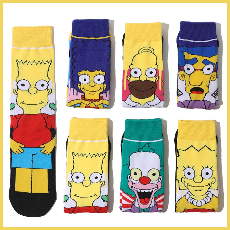 Calcetines The Simpsons, calcetines de algodón a la moda para hombre, calcetines de tubo medio con estampado de pareja de dibujos animados, calcetines deportivos informales, cómodos y transpirables