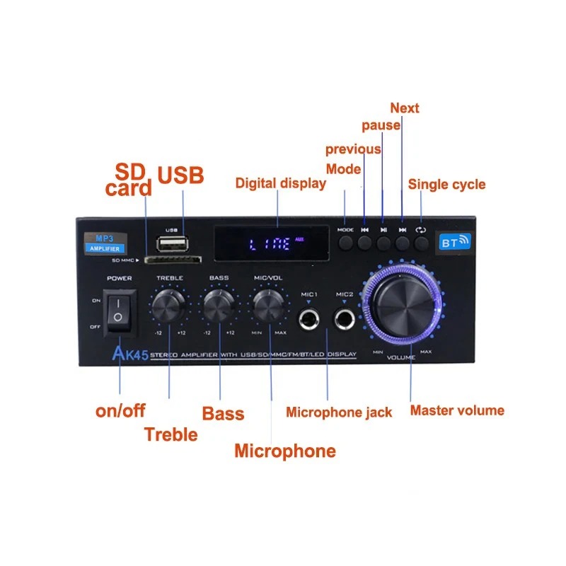 AK45 HiFi Digital Bluetooth Audio Amplifier MP3 Channel 2.0 Sound Power AMP stereo Home Automotive Car for Speakers MAX 350W*2