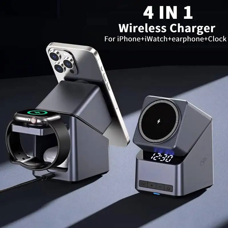 

Магнитное беспроводное зарядное устройство 4 в 1 для iPhone 16, 15, 14, 13, 12, станция быстрой зарядки Apple Watch AirPods Pro с часами