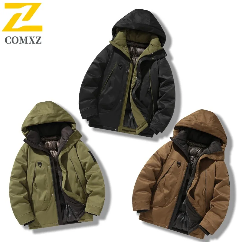 COMXZ Men Fleece Lined Jacket Winter Autumn Korean Style Waterproof Windproof Hooded Outdoor Sports Casual Solid Color Coat 2025