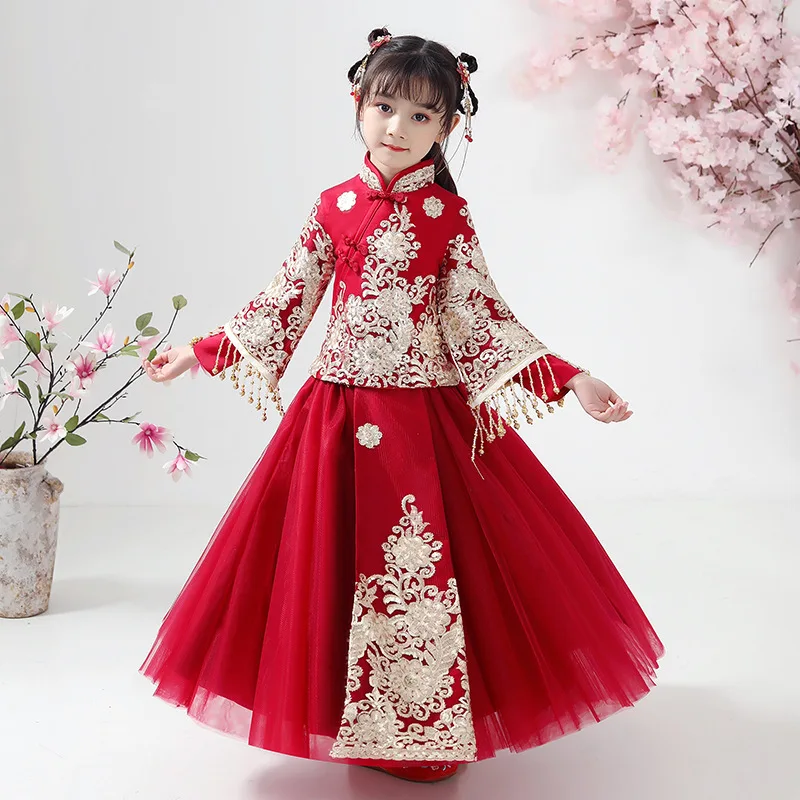 

Autumn New Retro Embroidery Qipao Dresses Girl Chinese Style Traditional Vintage Hanfu Party Performance Skirt Cosplay Costume