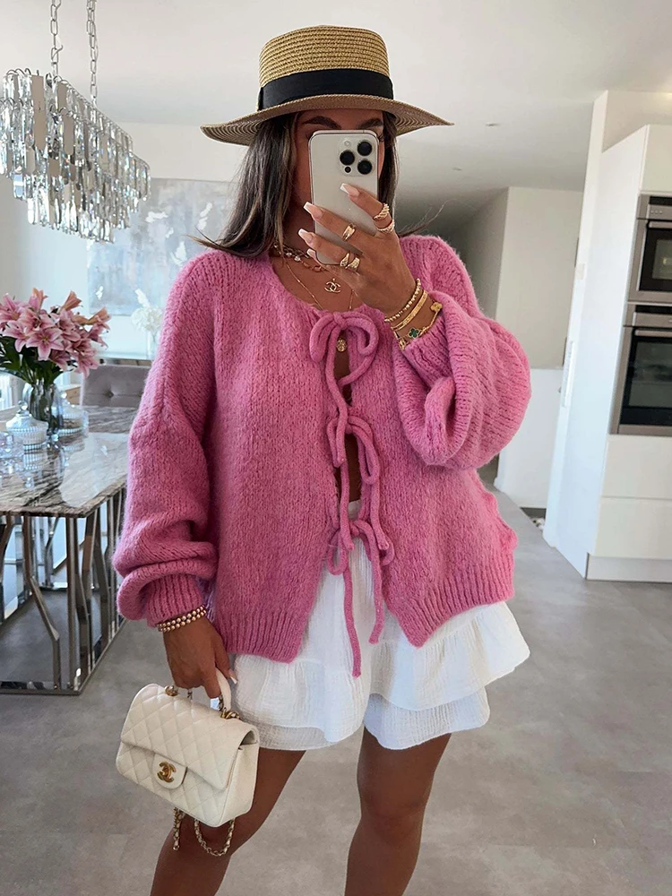 

Women Autumn Long Sleeve Lace Up Sweater Vintage Harajuku Loose Cardigan Elegant Knitted Tops Casual Solid Jumper Knitting Coat