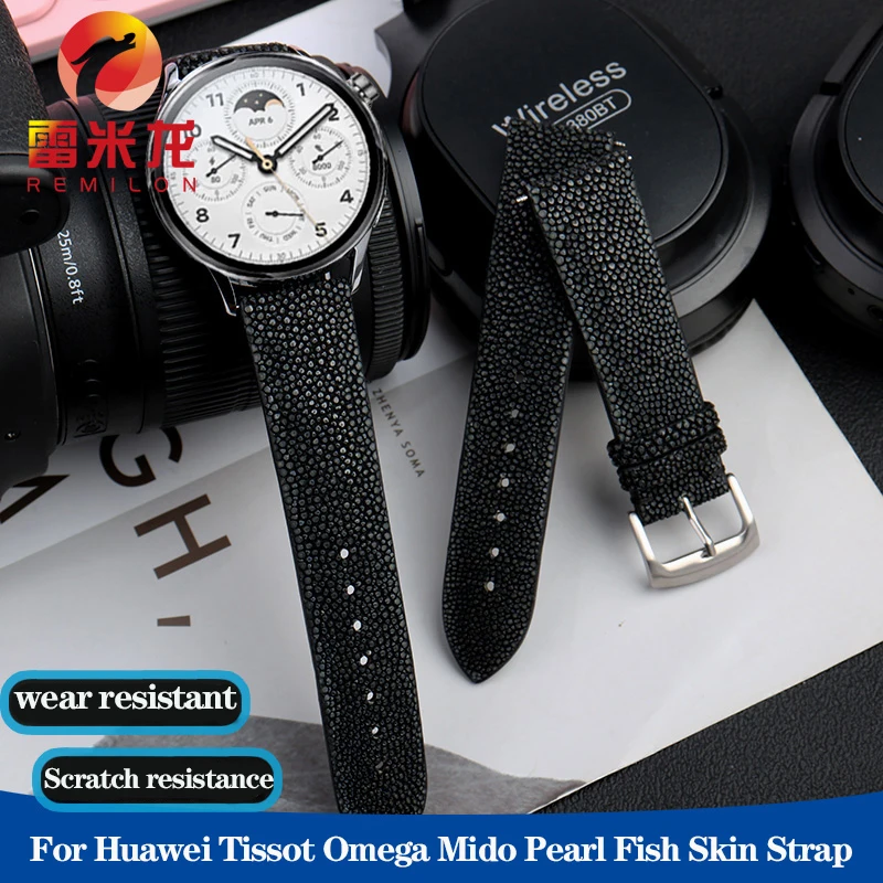 20mm 22mm Devil Pearl Fish Skin Watch Band for Huawei Tissot Omega Mido Wear Scratch Resistant Watchband Strap  Black Blue Red