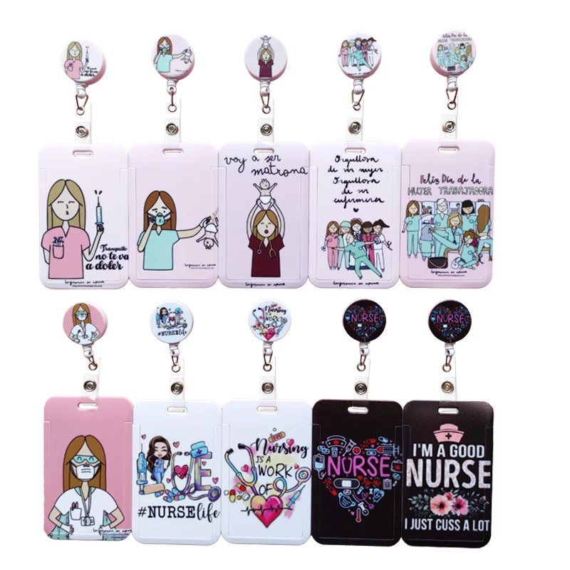 Doctor Nurse Cute Name ID Badge Holder Hard Case with Neck Lanyard Bus Card Holder Keychain Strip Set for Nurse Name Card Case