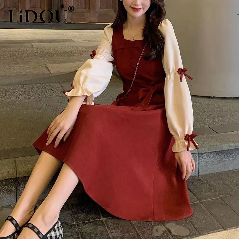 

Spring Autumn Women's Square Collar Sweet Patchwork Waist Dress Ladies Elegant Fashion Lace Up Robe Female Preppy Style Vestido