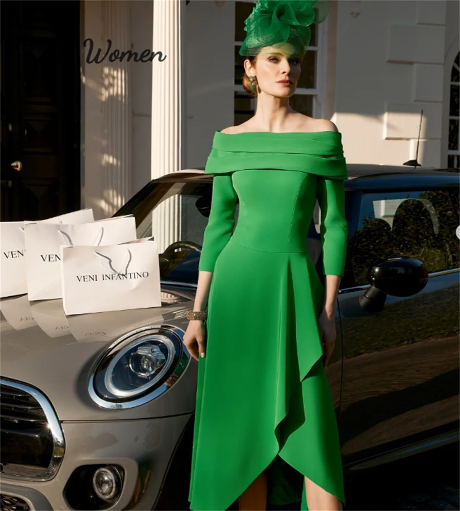 

Chic Green Long Sleeve Mother Of The Bride Dress 2023 A Line Midi Length Evening Dress Mom Elegant Off Shoulders Wedding Guest