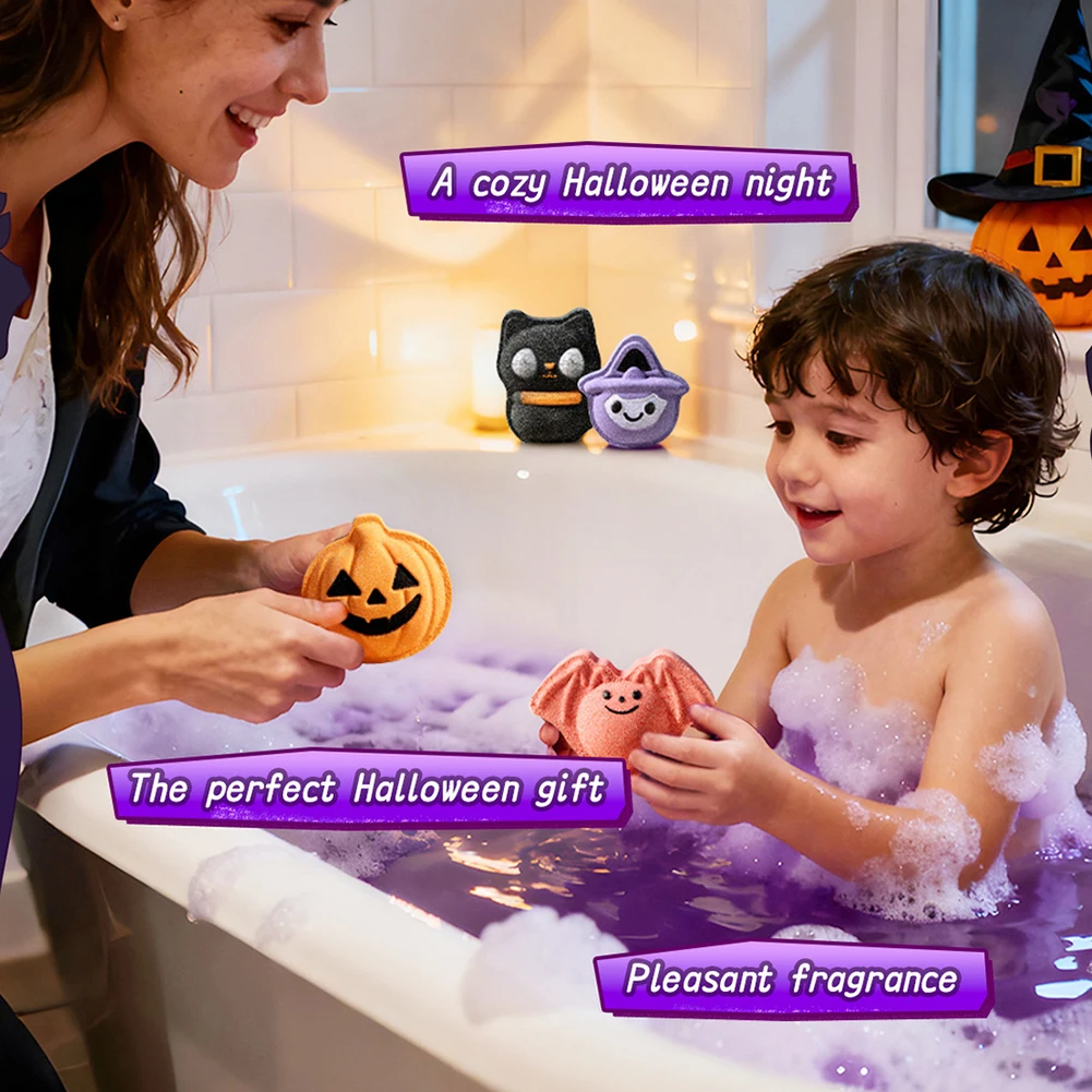 Halloween Bath Fizzy Gift Box For Kids 6pcs Spooky-Shape Bathbombs Moisturizing & Gentle On Skin For Relaxing Beauty Baths