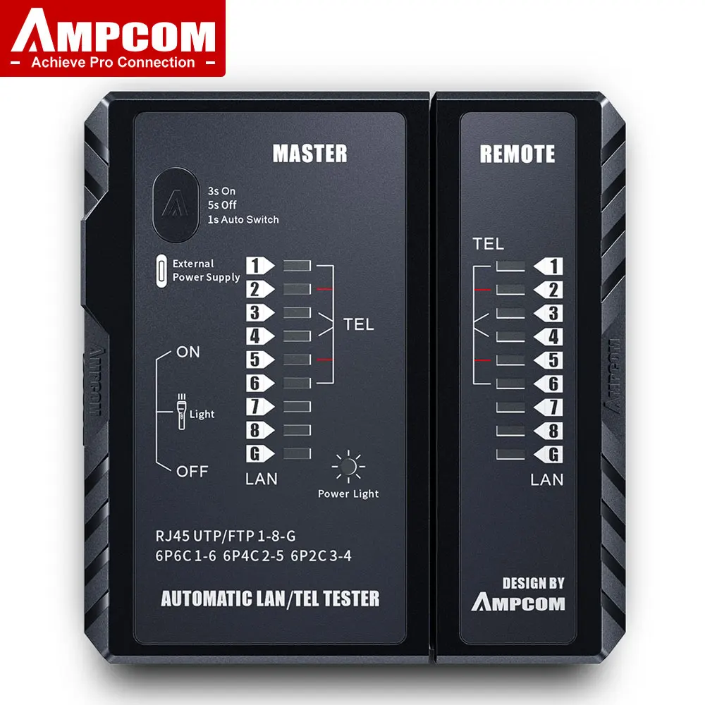 AMPCOM Tester kabli sieciowych LAN Narzędzie do testowania przewodów Narzędzie sieciowe Naprawa kabli Ethernet dla RJ45 RJ11 RJ12 CAT5 CAT6 CAT7 CAT8