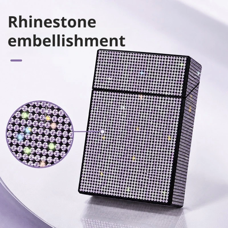 Rhinestone Decor Flip Top Cigarette Box Moisture Resistant Pocket Size Cigarette Storage Case For Men view 2