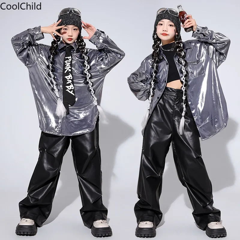 

Girls Hip Hop Silver Crop Shirt Street Dance K-pop Leather Pants Boys Cool Jacket Clothes Sets Kids Child Jazz Shiny Streetwear