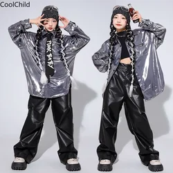 Girls Hip Hop Silver Crop Shirt Street Dance K-pop Leather Pants Boys Cool Jacket Clothes Sets Kids Child Jazz Shiny Streetwear