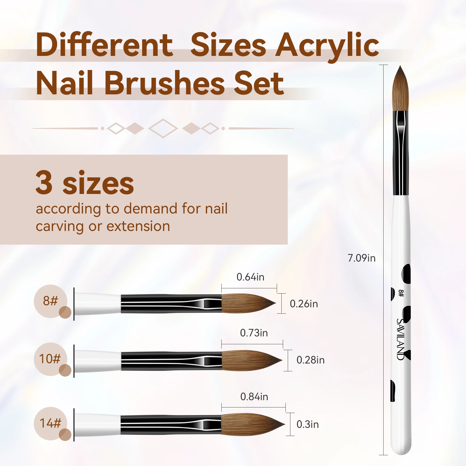 Saviland 3 pièces ensemble de pinceaux à ongles en acrylique taille 8/10/14 pinceaux de dessin pour Nail Art pour Extension d'ongles poudre acrylique manucure bricolage