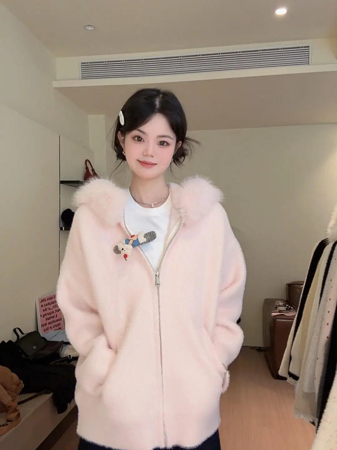 

Pink Faux Fur Collar Zipper Knitted Sweater Coat Casual Korean Style Women's Autumn Winter Long Sleeve Warm Hooded Top