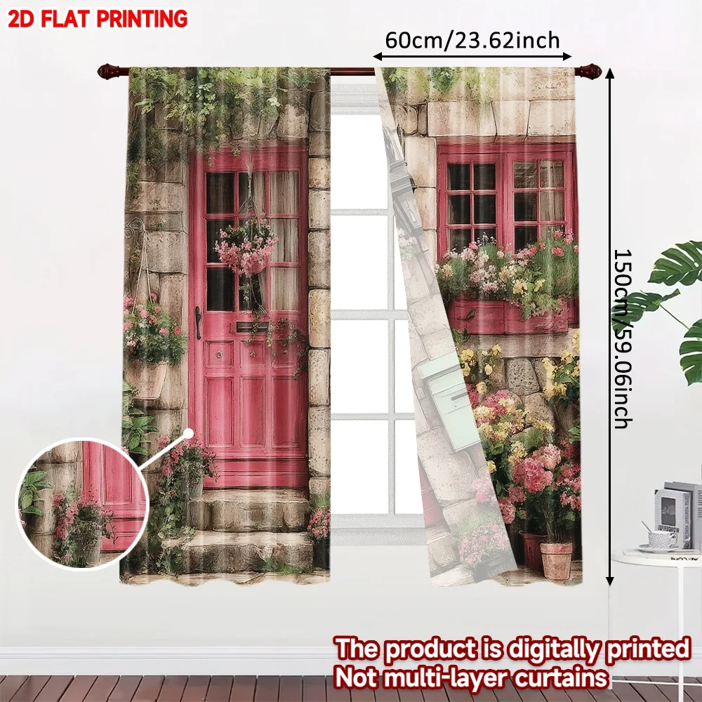 2pcs Pink House Floral Curtains Digital Printing, Stone Wall with Colorful Flowerpots at Blue Door Window for Cozy Bedroom Decor