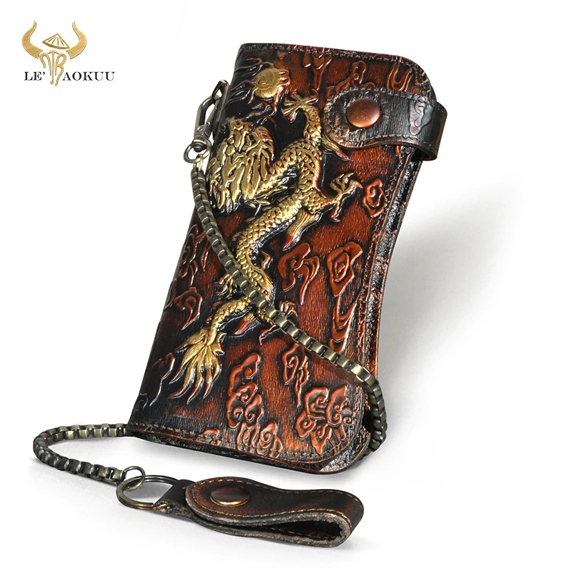 

2023 Hot Sale Real Cattle Leather Gift Dragon Emboss Business Card Holder Organizer Travel Long Chain Wallet Purse Designer 1088