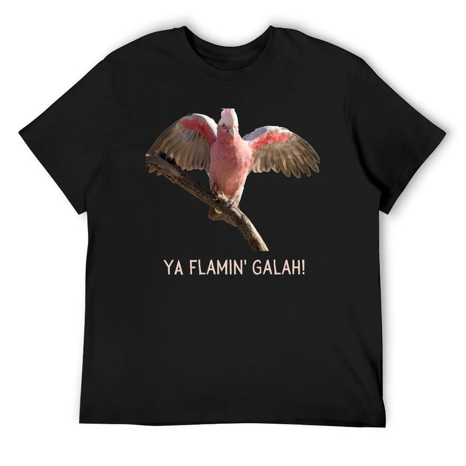 Ya flamin galah (You flaming galah). Photograph of pink and grey galah and light colour text. T-Shirt