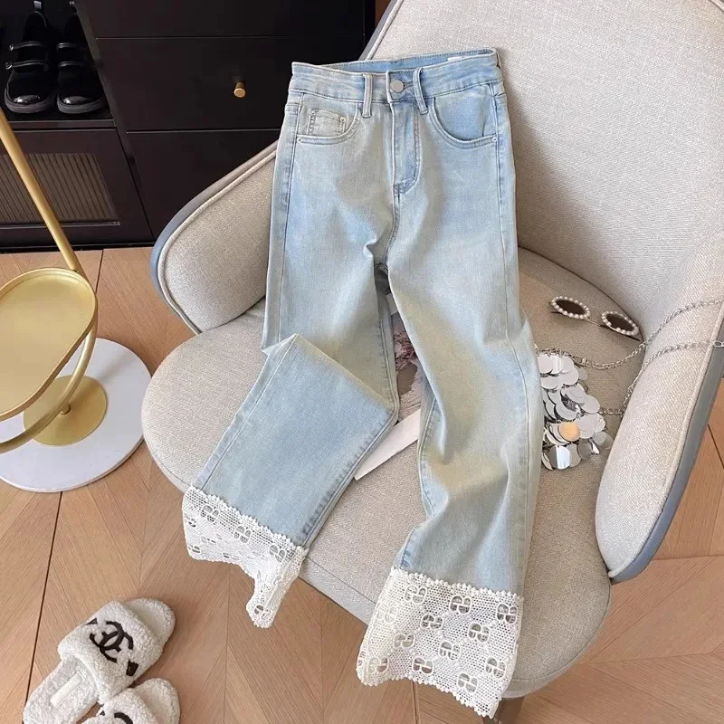 

2025 Summer New High Waist Retro Lace Stitching Jeans Female Thin Blue Pipe Pants Short Tall Waist Nine Straight Pants Ladies