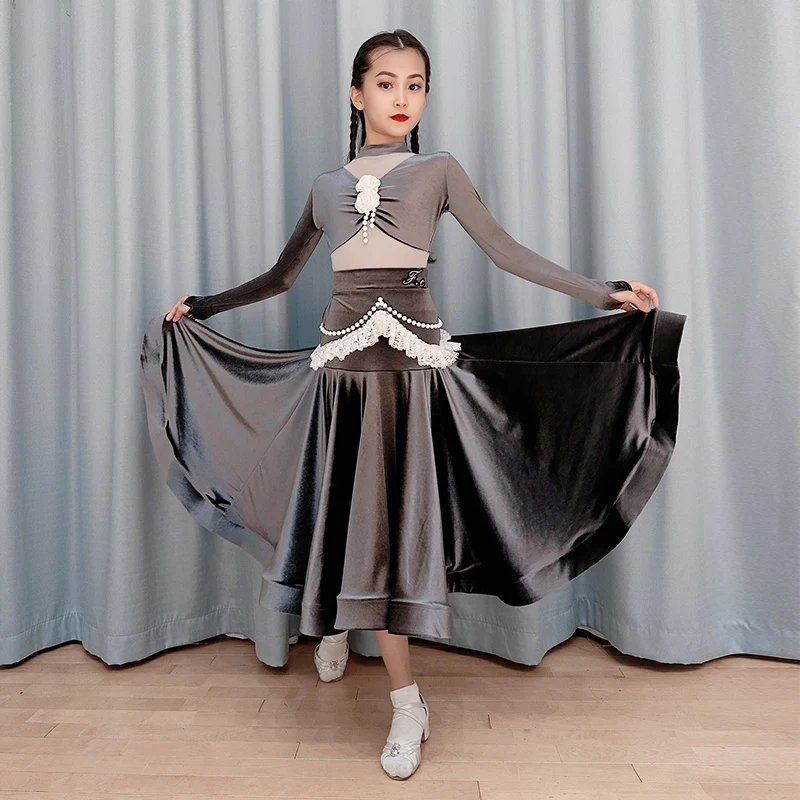 Girls Grey Ballroom Dance Performance Costume Bodysuit Skirt Latin Dancing Clothes Tango Standard Dance Stage Outfit VDB7764