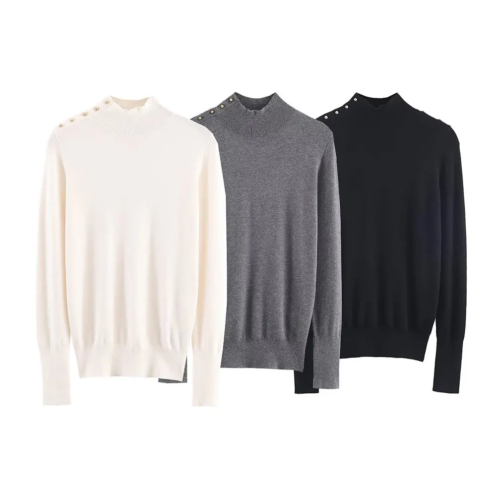 

Women's Knitted Sweater Button Design Pure Color Autumn New Arrival Fashionable Top In Multiple Colors For Ladies