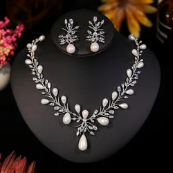 Luxury White Cubic Zirconia Big  Pearl Necklace and Earrings Wedding Bridal Party Jewelry Sets for Women Envio Gratis Todo X0470