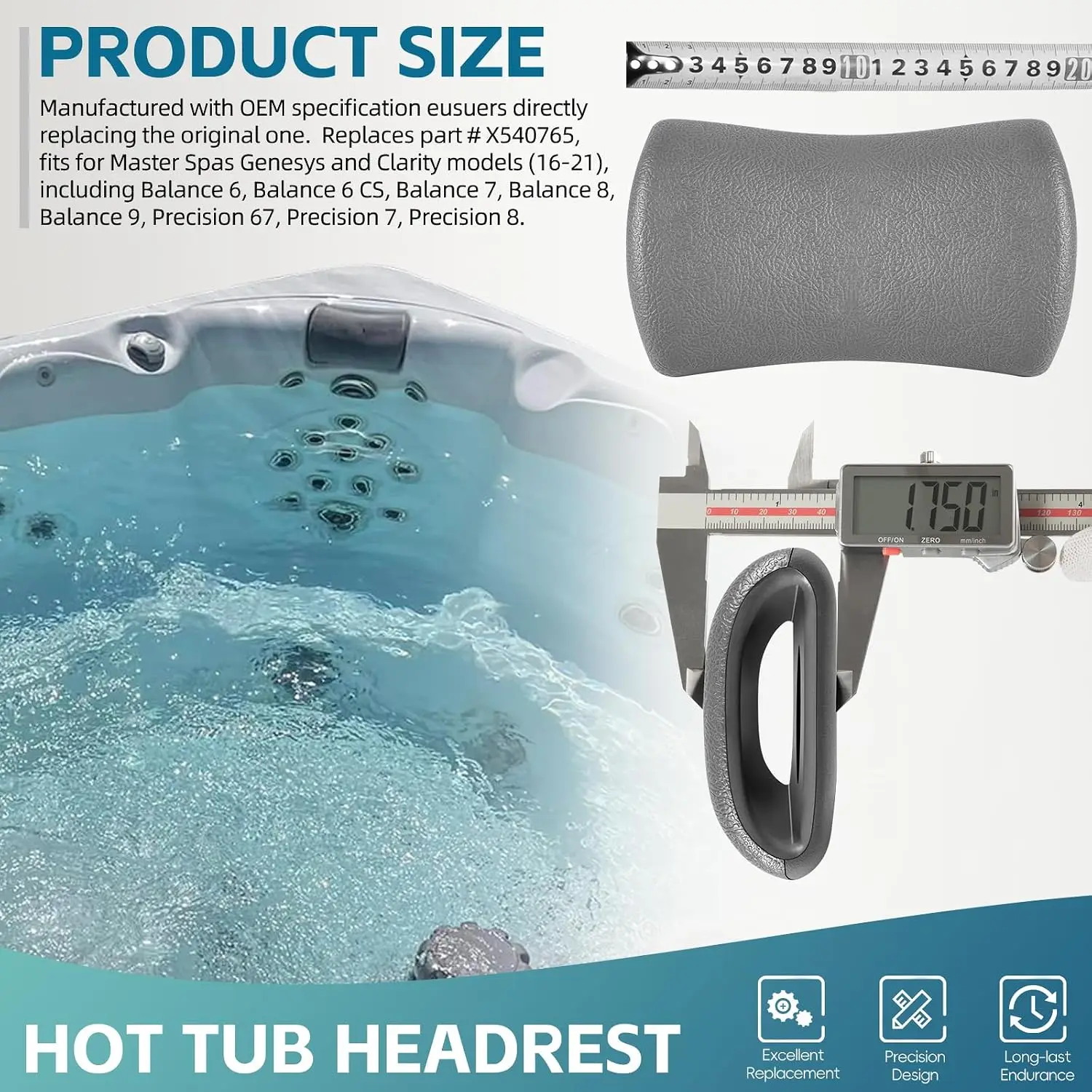 4er-Pack X540765 Spa-Kopfkissen, verstellbare Nackenstütze für Whirlpools der Master Spa Clarity Genesys Balance Precision Serie 2016+ – Detail 2
