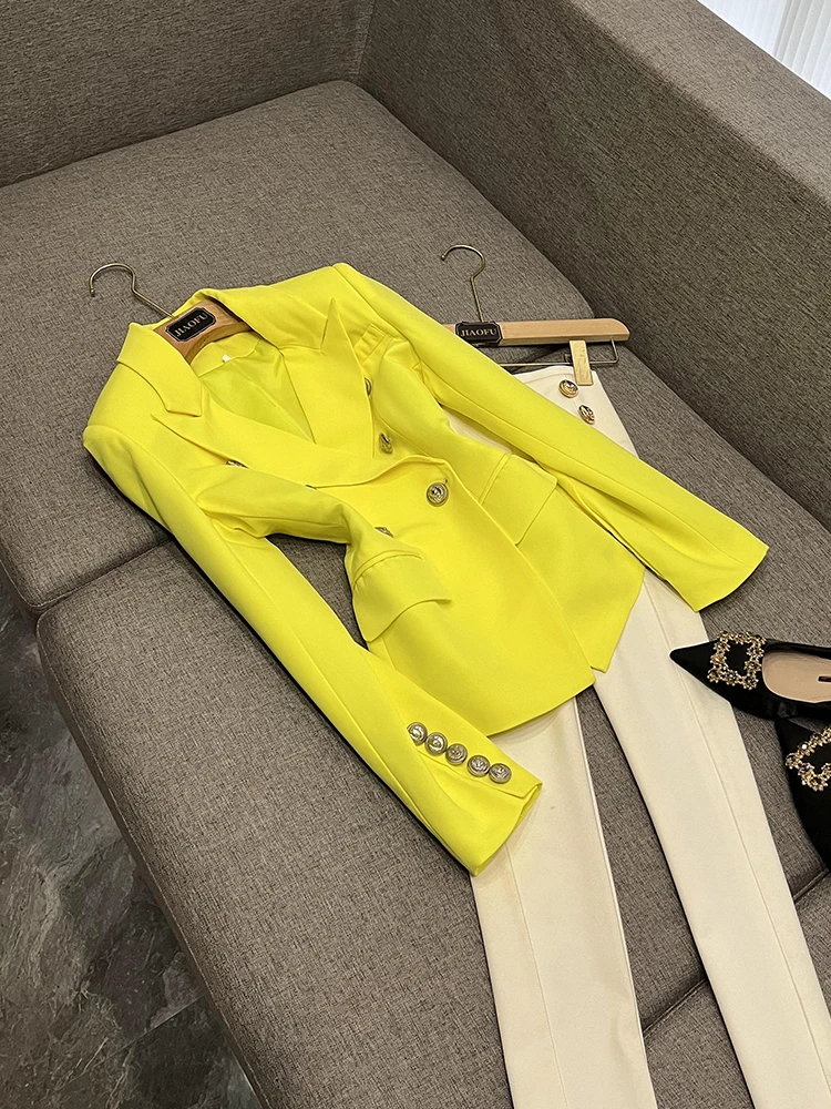 Ele Yellow Double-Breasted Slim Fit Autumn Winter Suit for Commuting Pure Color Trendy Ladies' Busin Wear