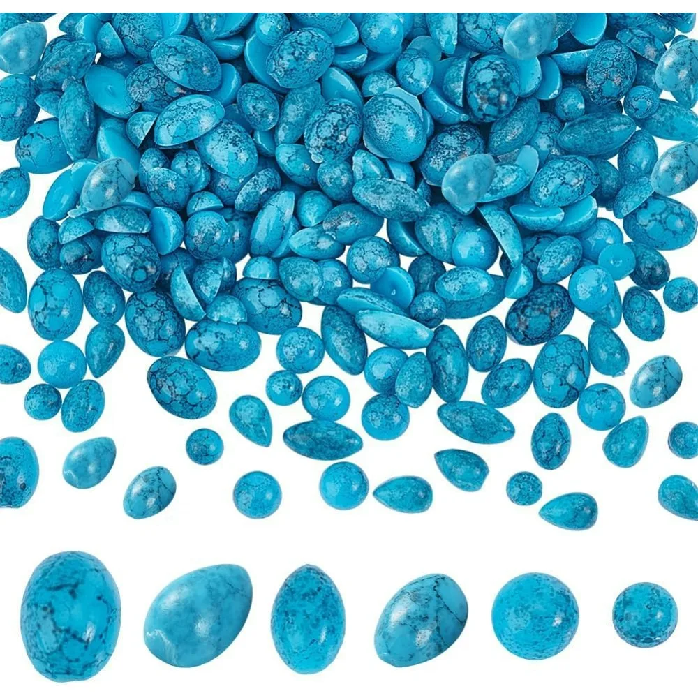 300pcs Turquoise Stone Cabochon 6 Styles Half Round Cabochon Tiles Oval Flatback Stones Texture Teardrop Stone