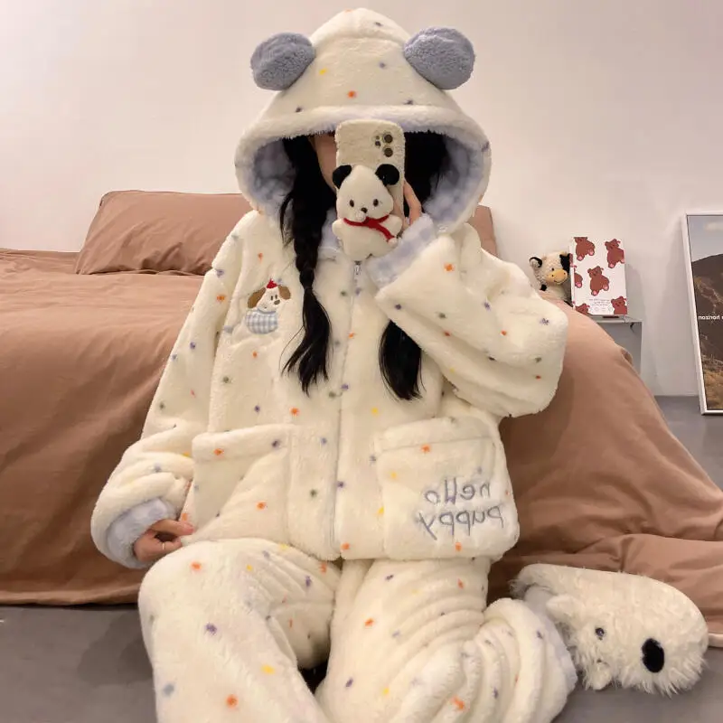 Young Lady Sleepwear Pajamas Set Cotton 2Pcs Shirt&pants Nightwear Hooded Print Colorful Polka Dot Long Sleeve Home Clothes