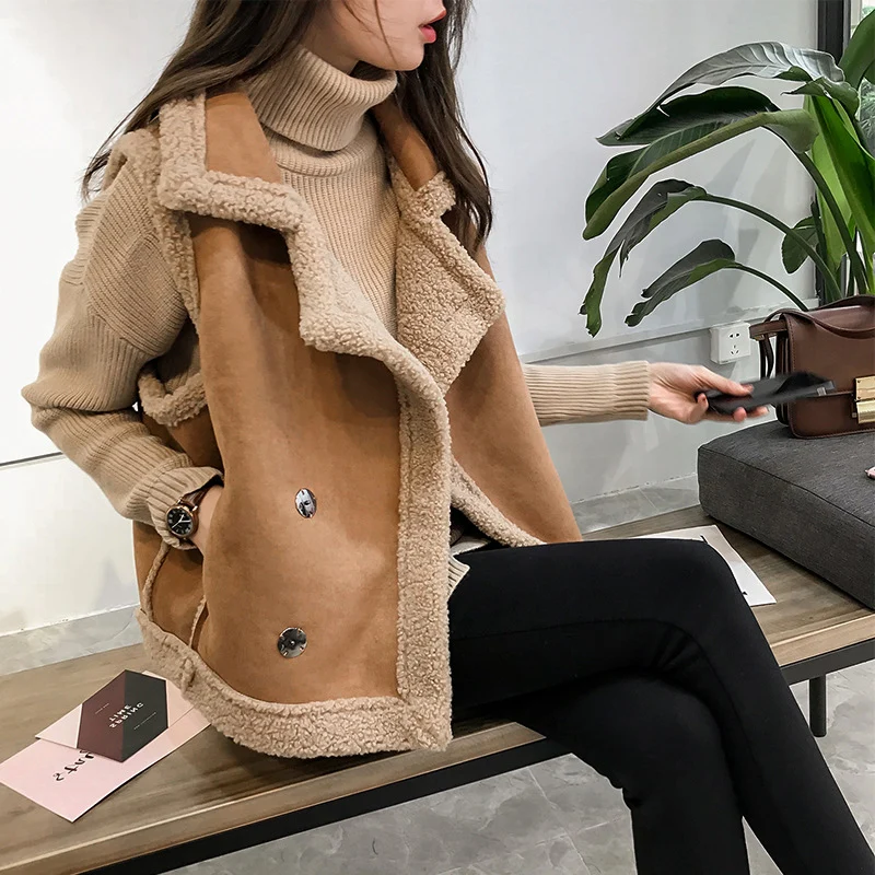 Lamb Plush Vest Cardigan Jacket Casual Sleeveless Shearling Coat Black Outerwears New In Woman Clothes Loose Block Color Winter