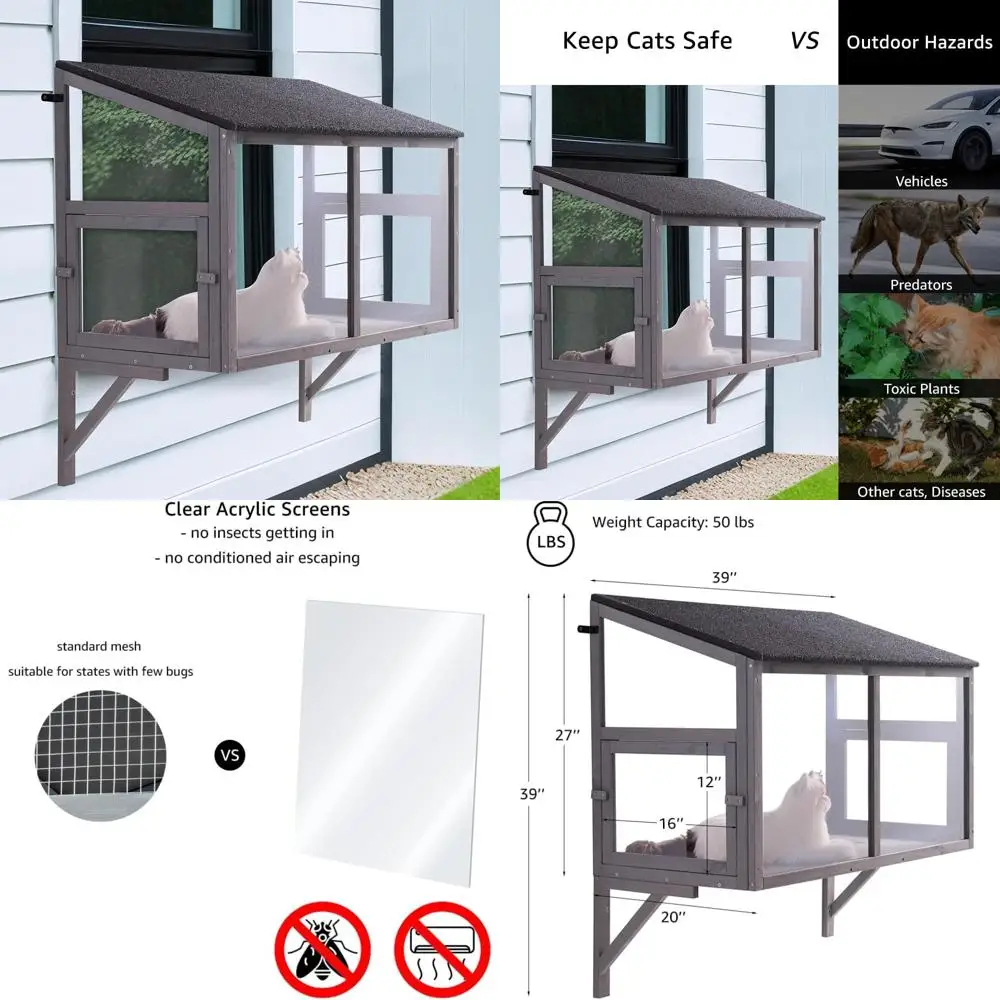 BeeNbkks Previene la pérdida de aire acondicionado, Catio para gatos a prueba de insectos, Casa para gatos con ventana con pantallas acrílicas transparentes, Caja para exteriores para I