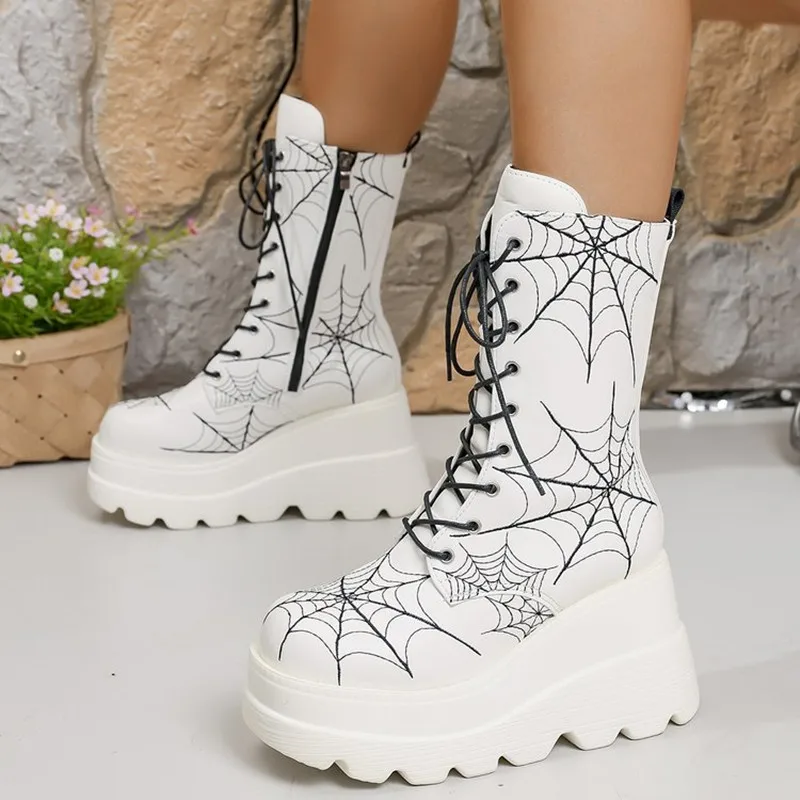 New 2026 Autumn/Winter Luxury Women Boots Comfortable Slope Heel Thick Bottom Spider Web European and American Large Short Boots view 4