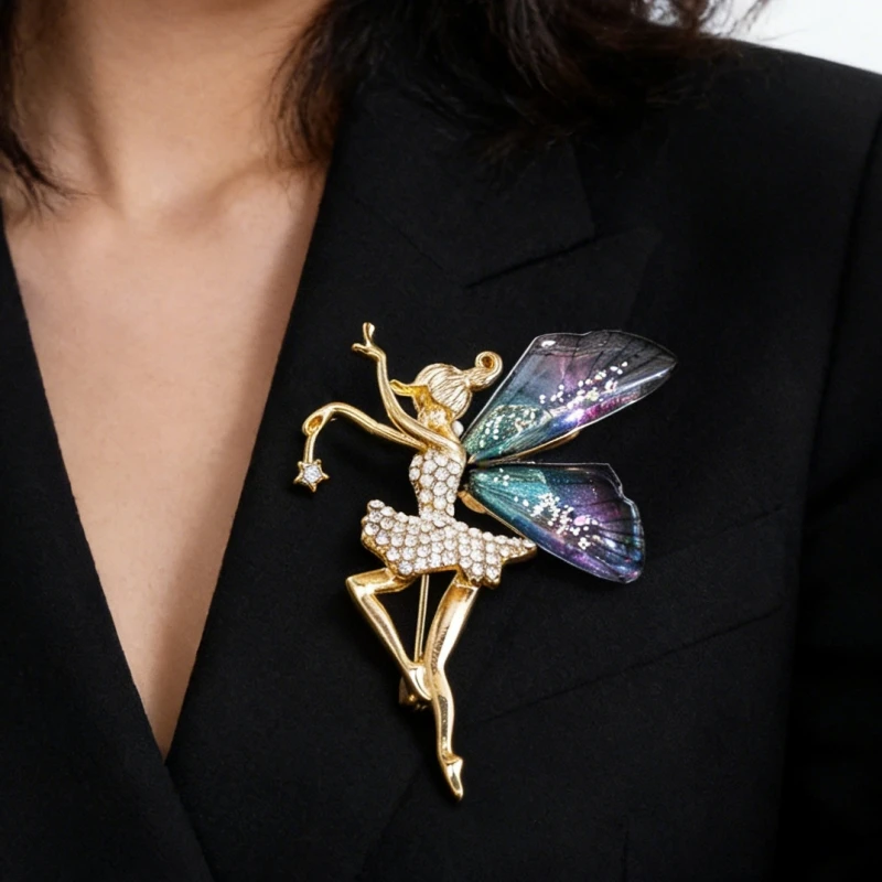 New Luxury Crystal Brooches for Women Purple Wings Ballet Angel Shape Dancing Girls Metal Pins Bohemian Clothing Jewelry