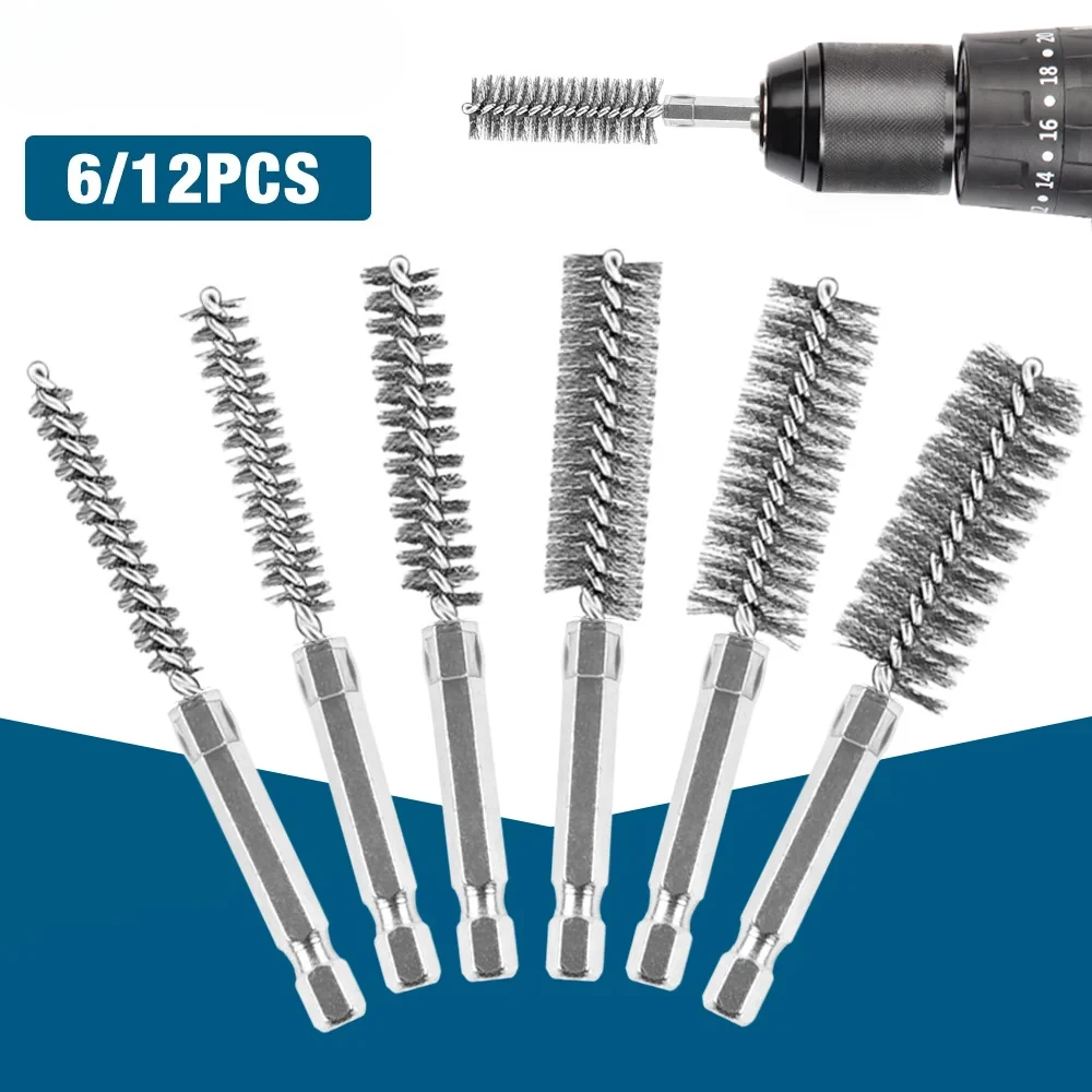 6/12Pcs Stainless Steel Wire Brush,Drilling Cleaning Brush Set, 1/4 Inch Hexagonal Handle, Grinding Polishing Rust Removal Tools